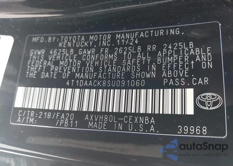 2025 Toyota Camry Le из США, поврежденный, VIN 4T1DAACK8SU091060